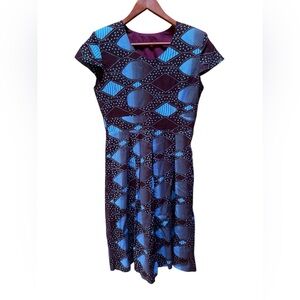 1980s Handmade Ankara Fabric Red Clay & Blue Pleated Left Side Coil Zipper Dress